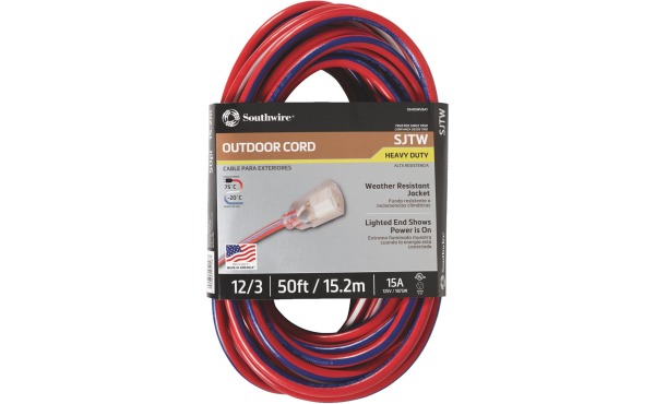 Southwire 50 Ft. 12/3 Indoor/Outdoor Red, White, & Blue Striped Patriotic Extension Cord