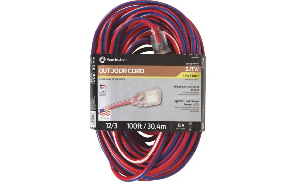 Southwire Wounded Warrior Project 100 Ft. 12/3 Indoor/Outdoor Red, White, & Blue Striped Patriotic Extension Cord
